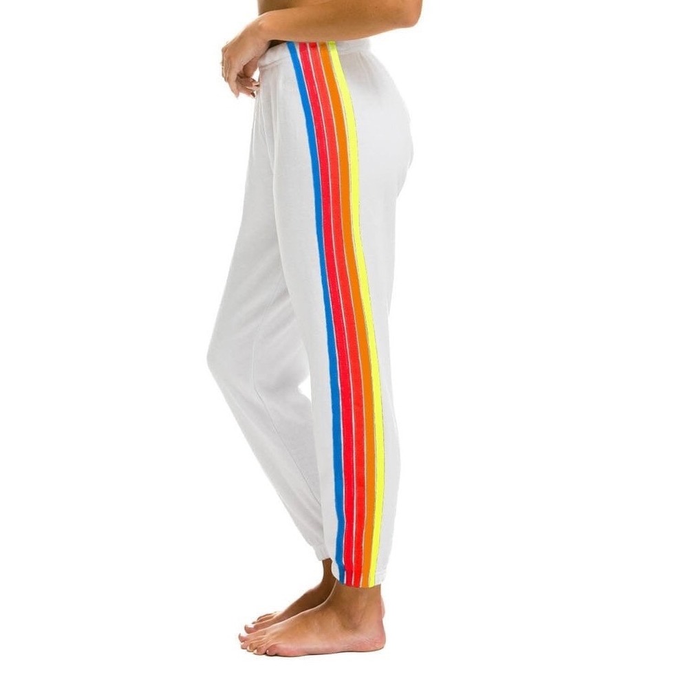 Aviator Nation 5 Stripe Sweatpants White Neon Rainbow Stripes Drawstrinf XS
